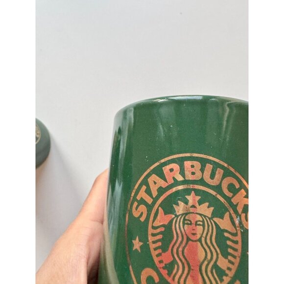 Lot of 2 Vintage STARBUCKS Dark Green Ceramic Gold Logo Trim Coffee Mugs - Picture 6 of 9